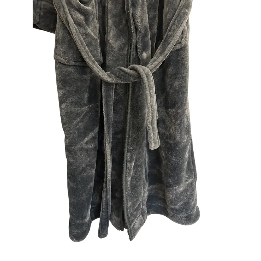 NY Threads Fleece Robe Mens Large Charcoal Grey Excellent Plush Shawl Collar L